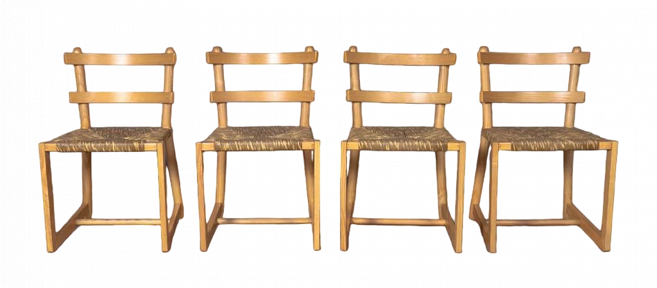 4 Sedie in frassino e seduta in paglia di palude, anni '70 4