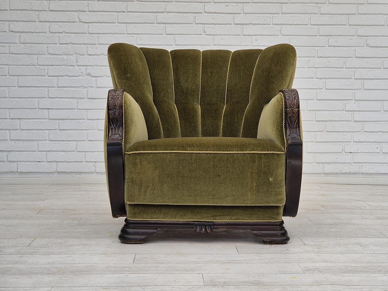 Danish green velvet and oak armchair, 1950s 1
