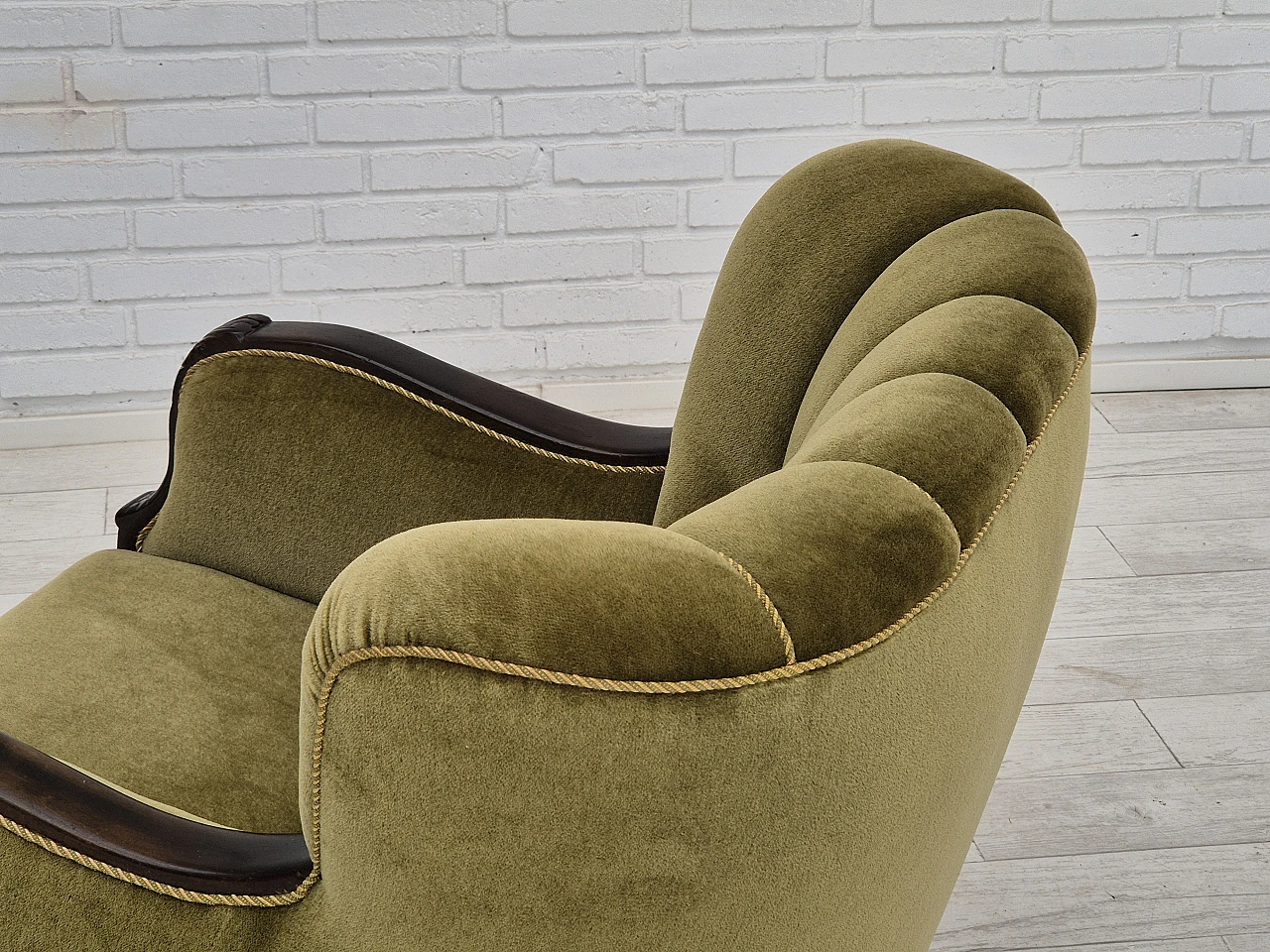Danish green velvet and oak armchair, 1950s 10