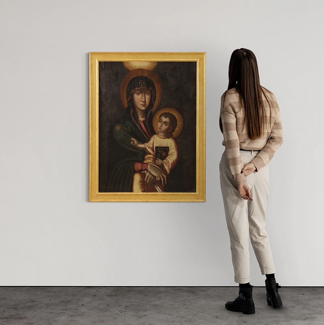 Madonna con bambino, dipinto olio su tela in stile bizantino, '800 15