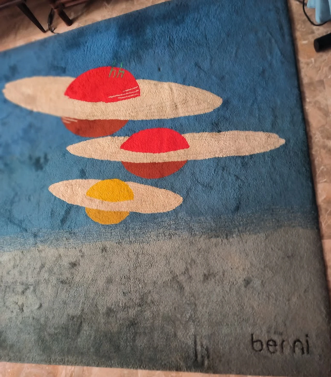 Grande TAPPETO "Pianeti nel Blu" di BERNI, anni '80 9