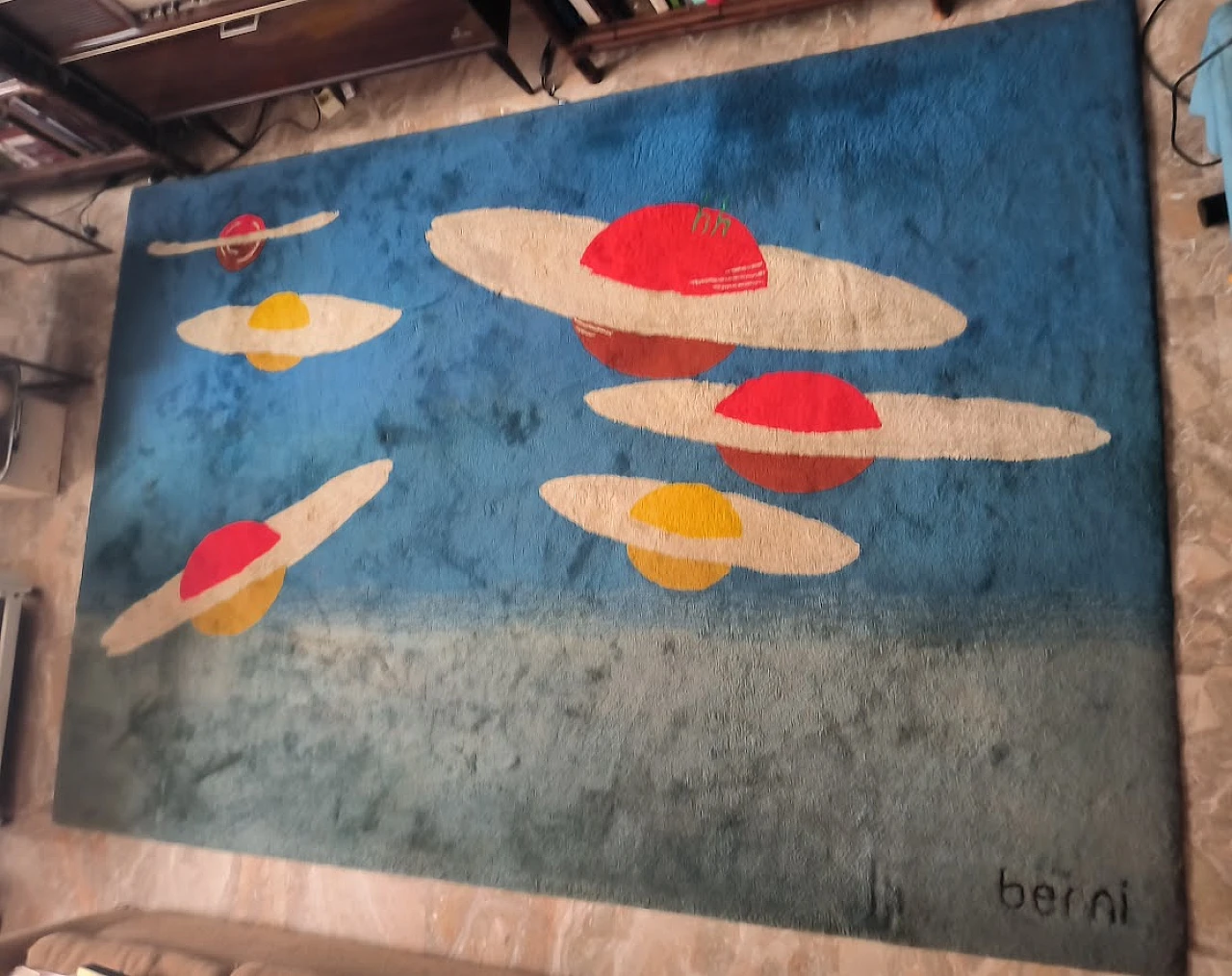Grande TAPPETO "Pianeti nel Blu" di BERNI, anni '80 12