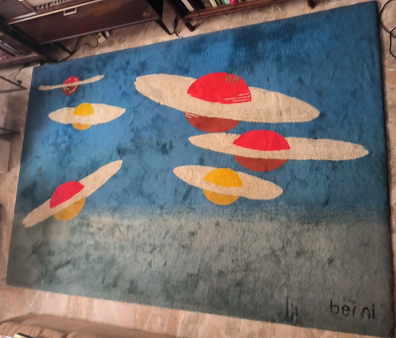 Grande TAPPETO "Pianeti nel Blu" di BERNI, anni '80 21