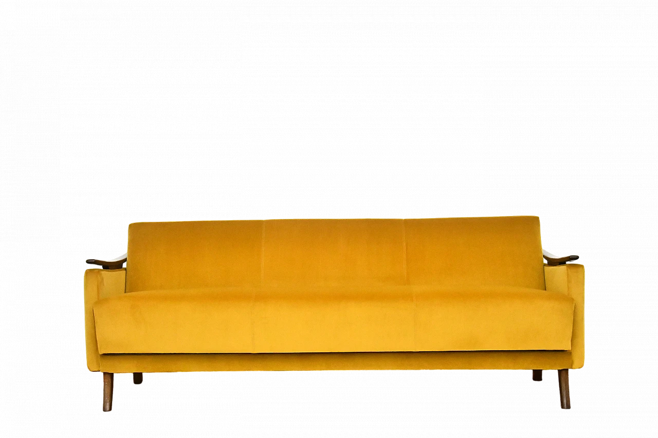 Divano letto in stile scandinavo in faggio e velluto giallo, anni '60 15