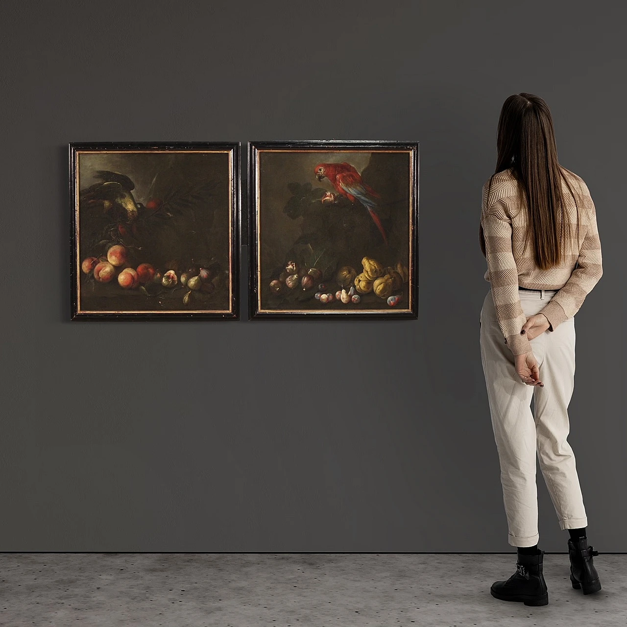 Nature morte con pappagalli, coppia di dipinti a olio su tela, '600 2