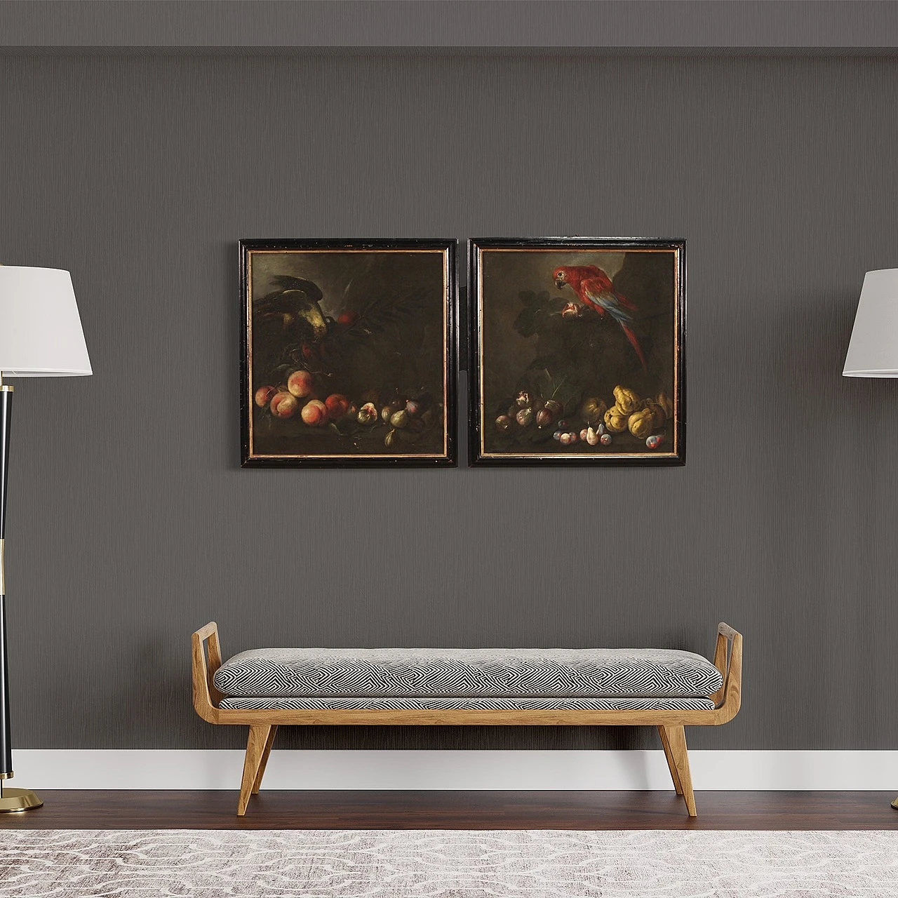 Nature morte con pappagalli, coppia di dipinti a olio su tela, '600 8