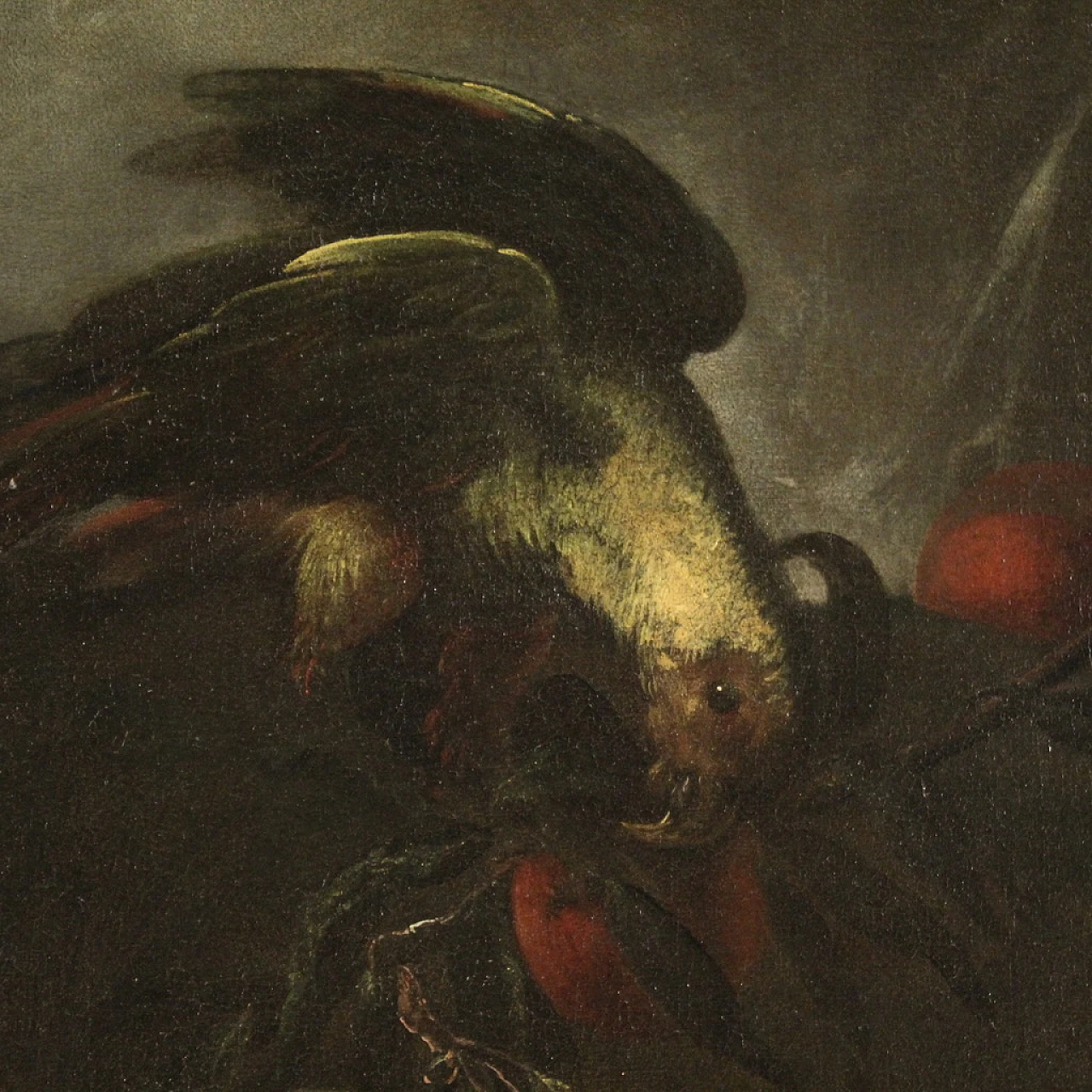 Nature morte con pappagalli, coppia di dipinti a olio su tela, '600 12