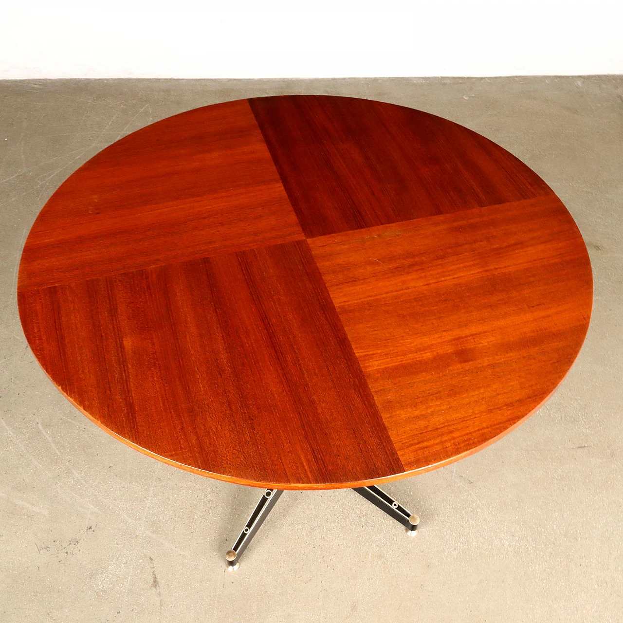 Table with round teak veneer top and metal & brass legs, 1950s 3