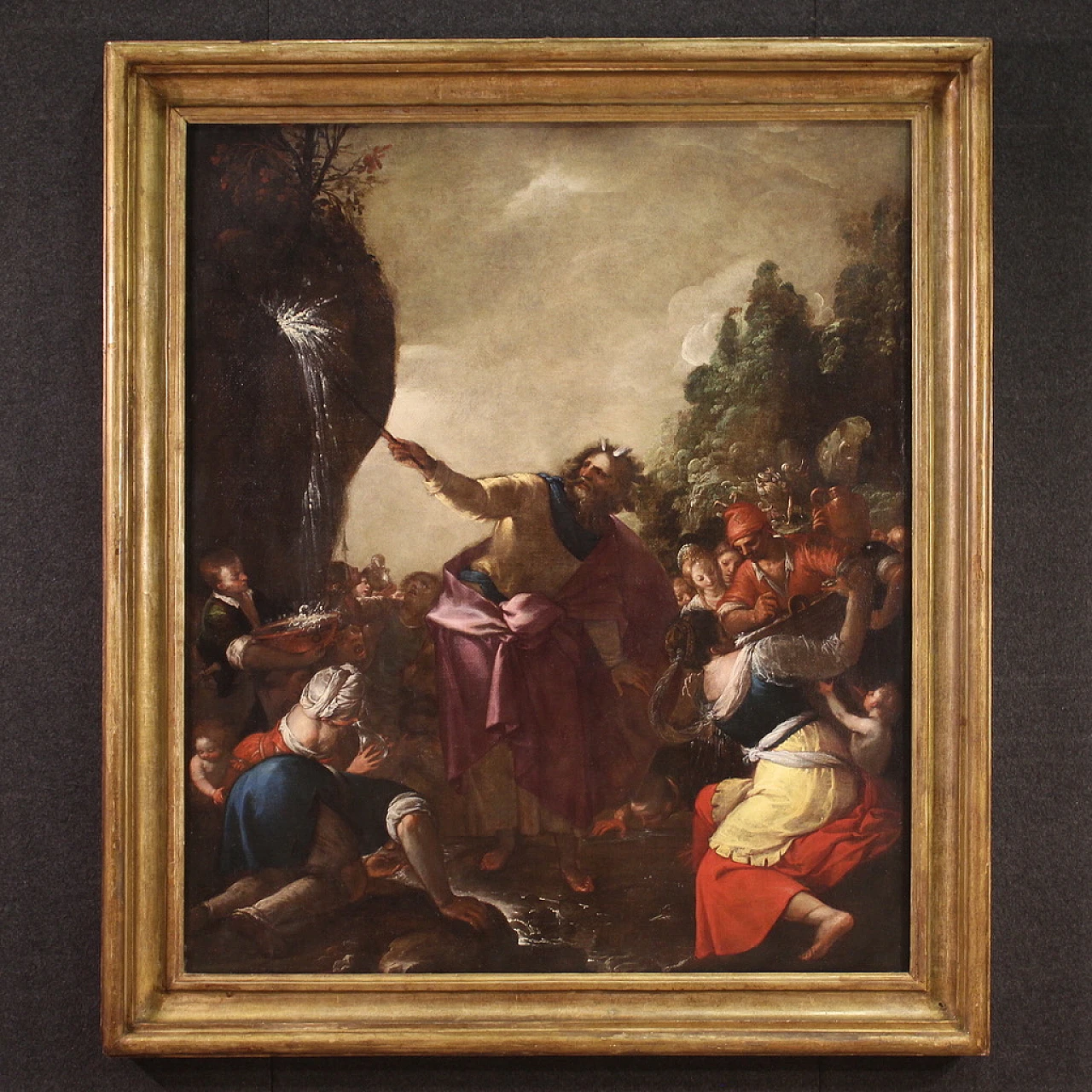 Mosè fa scaturire l'acqua dalla roccia, olio su tela, '600 2