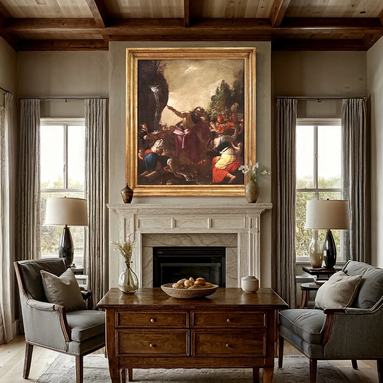 Mosè fa scaturire l'acqua dalla roccia, olio su tela, '600 13