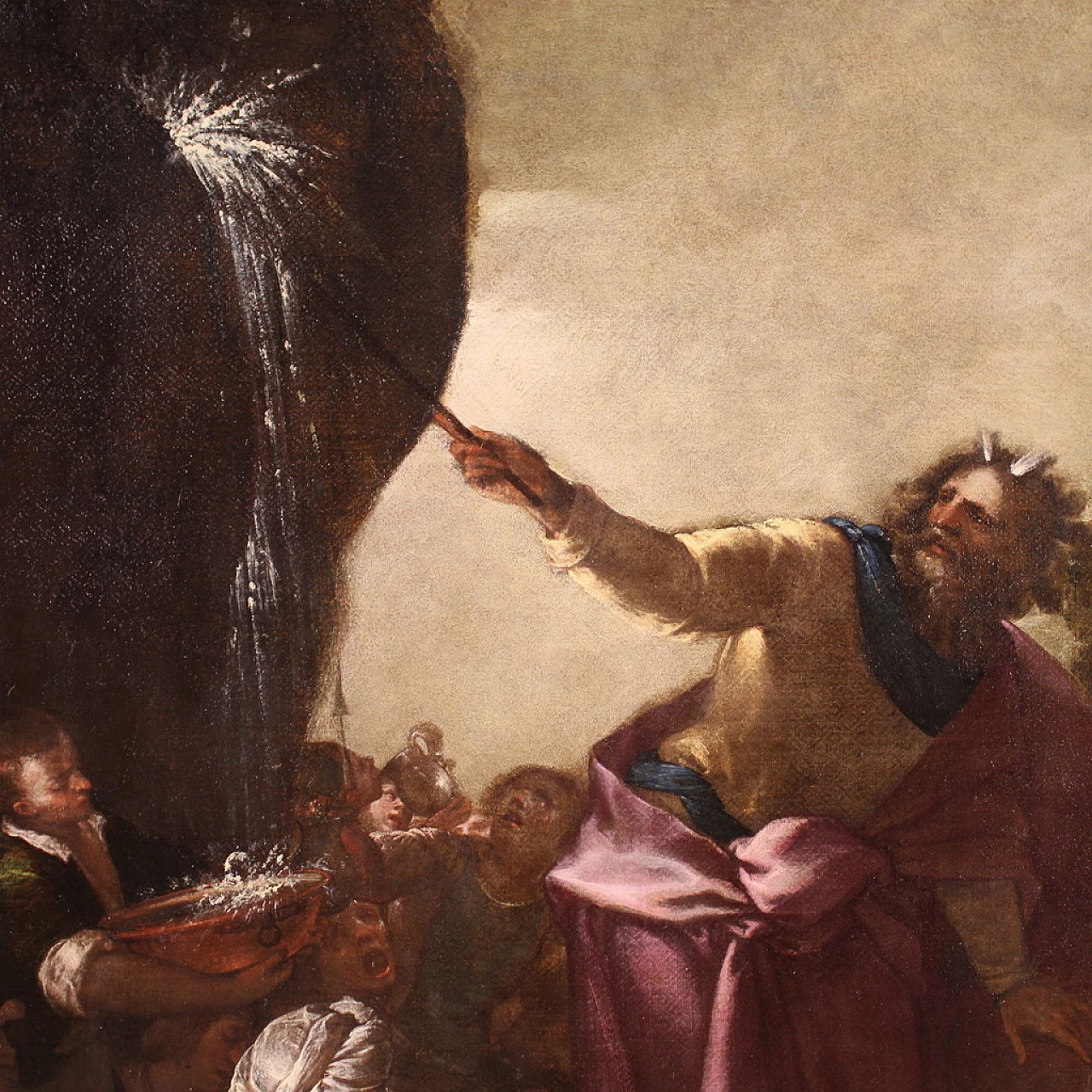 Mosè fa scaturire l'acqua dalla roccia, olio su tela, '600 15