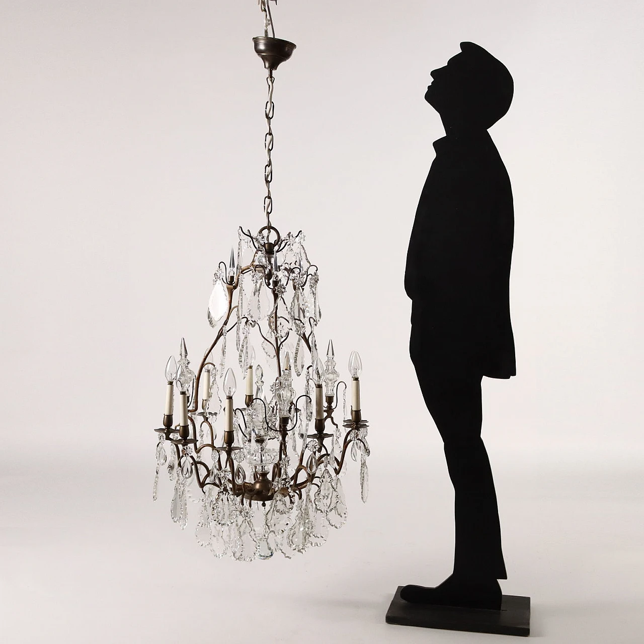 Lampadario a nove luci in ottone e vetro, inizio '900 2