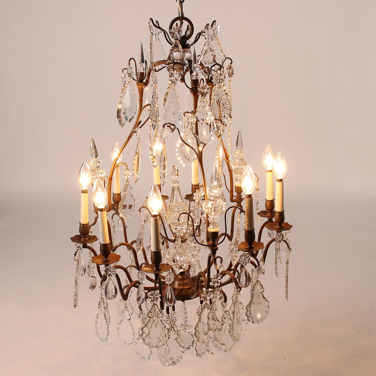 Lampadario a nove luci in ottone e vetro, inizio '900 3