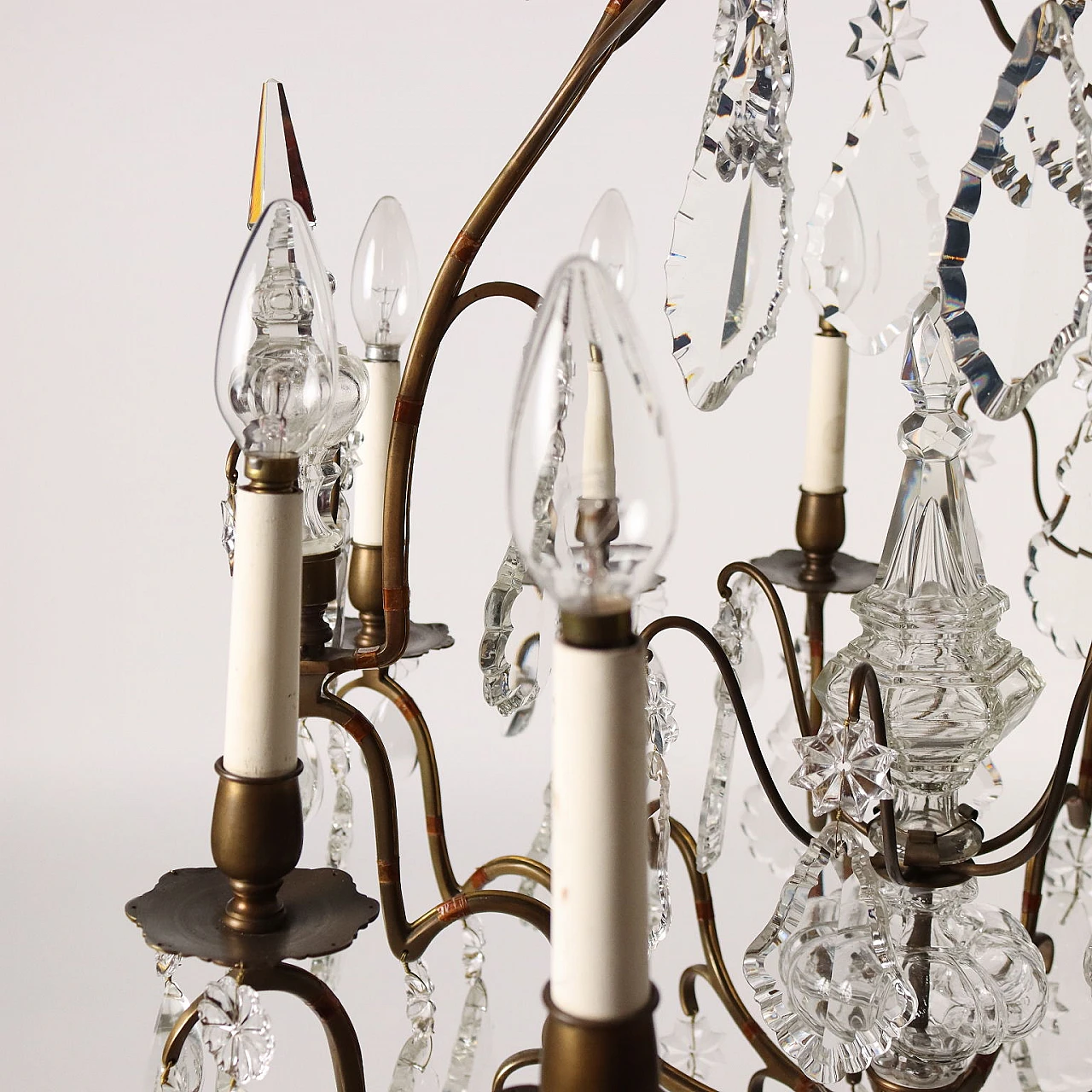 Lampadario a nove luci in ottone e vetro, inizio '900 6