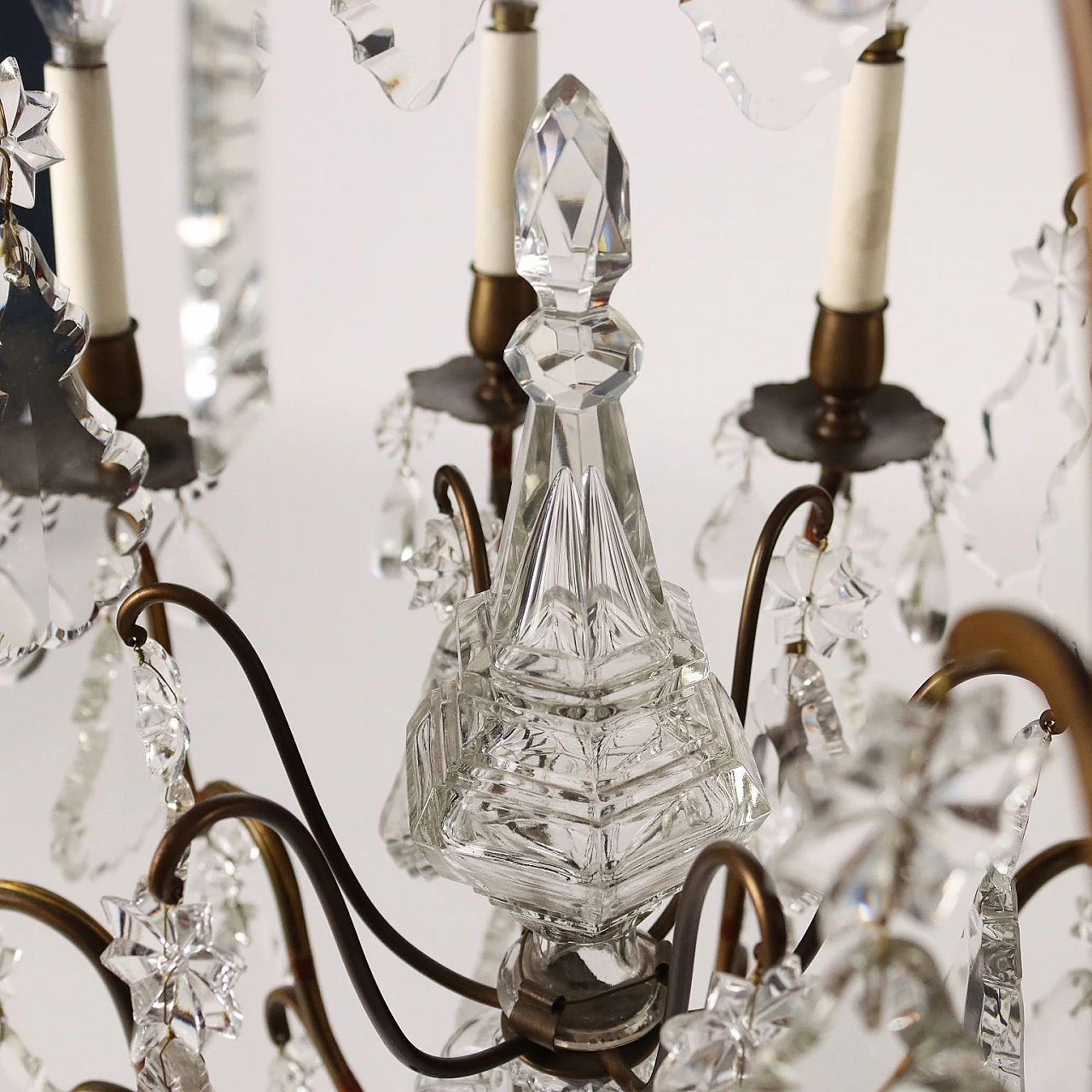 Lampadario a nove luci in ottone e vetro, inizio '900 7