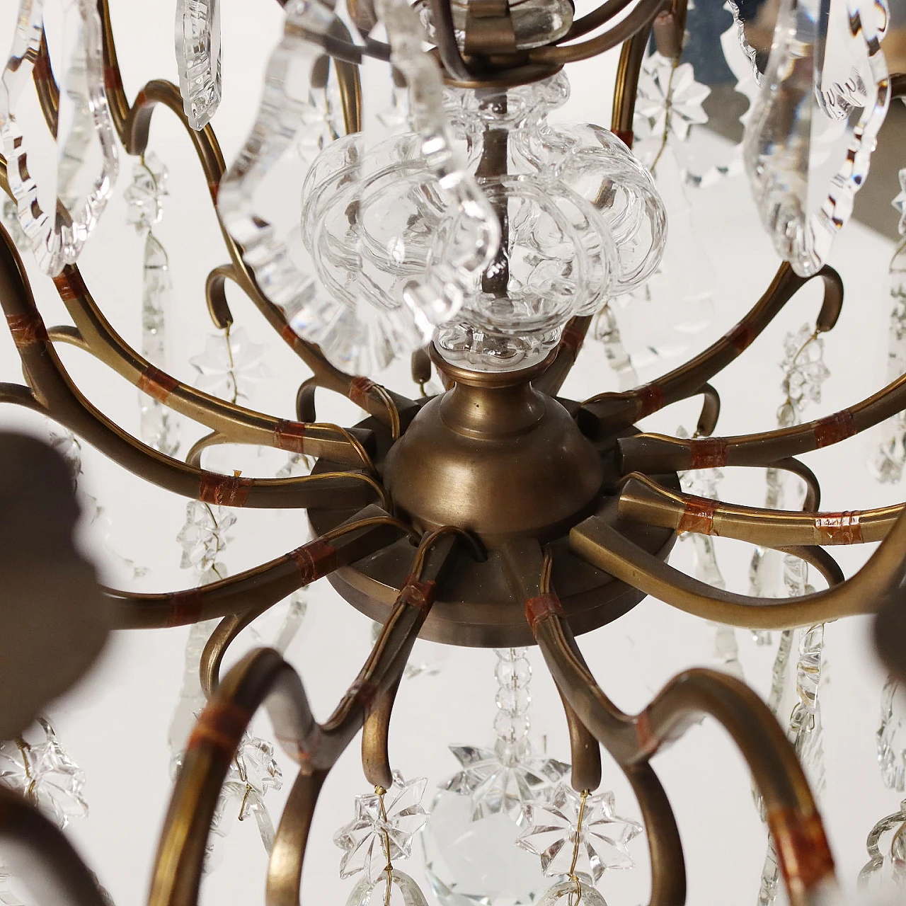 Lampadario a nove luci in ottone e vetro, inizio '900 8