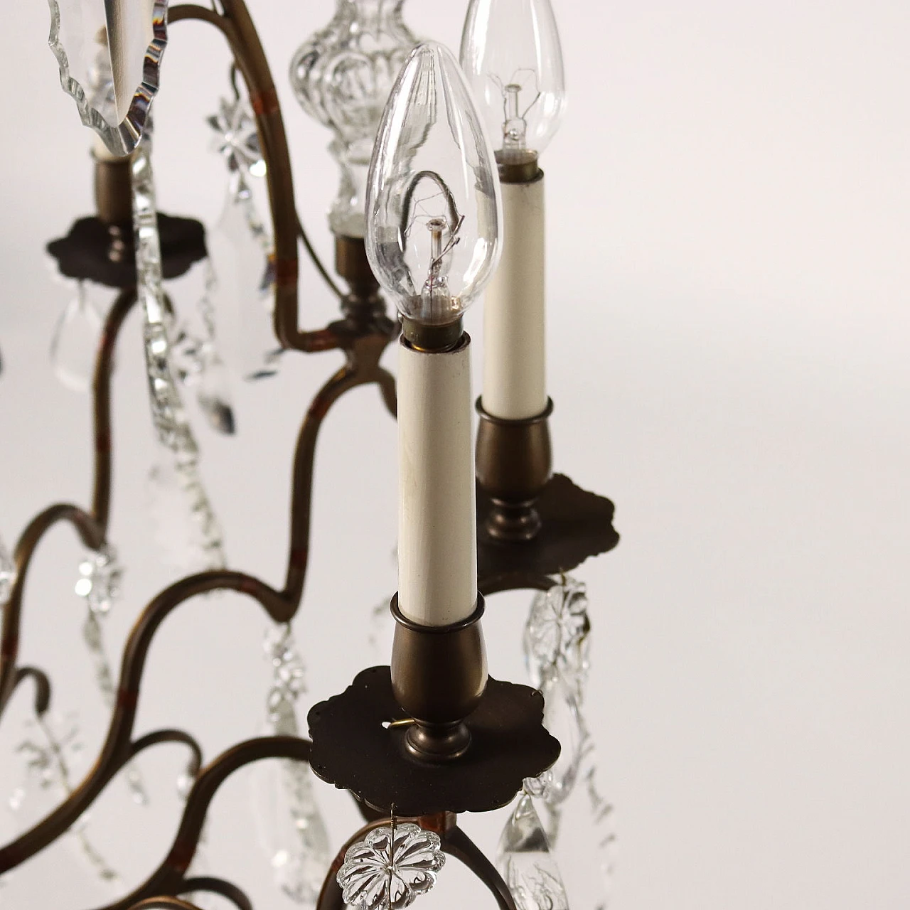 Lampadario a nove luci in ottone e vetro, inizio '900 9