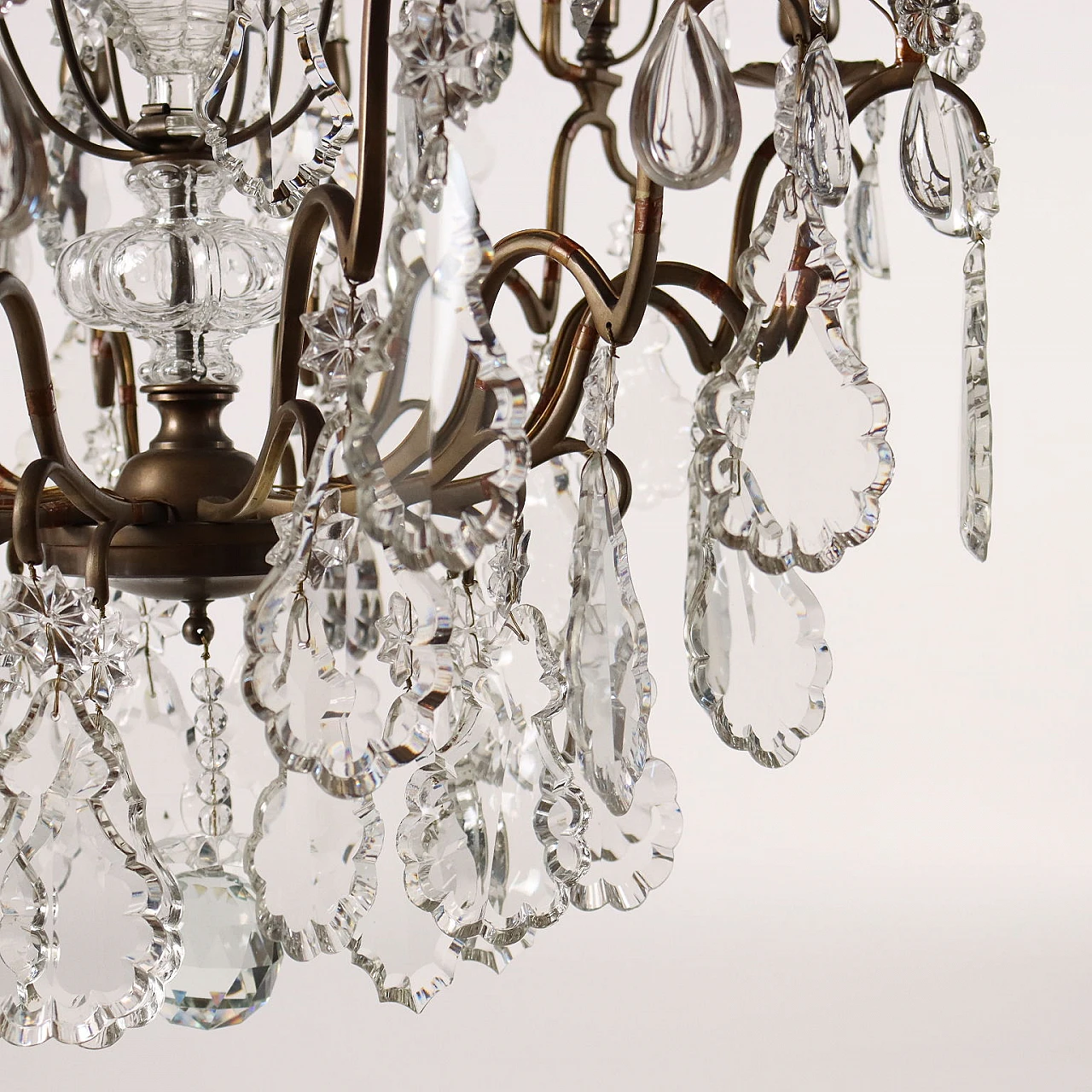 Lampadario a nove luci in ottone e vetro, inizio '900 10