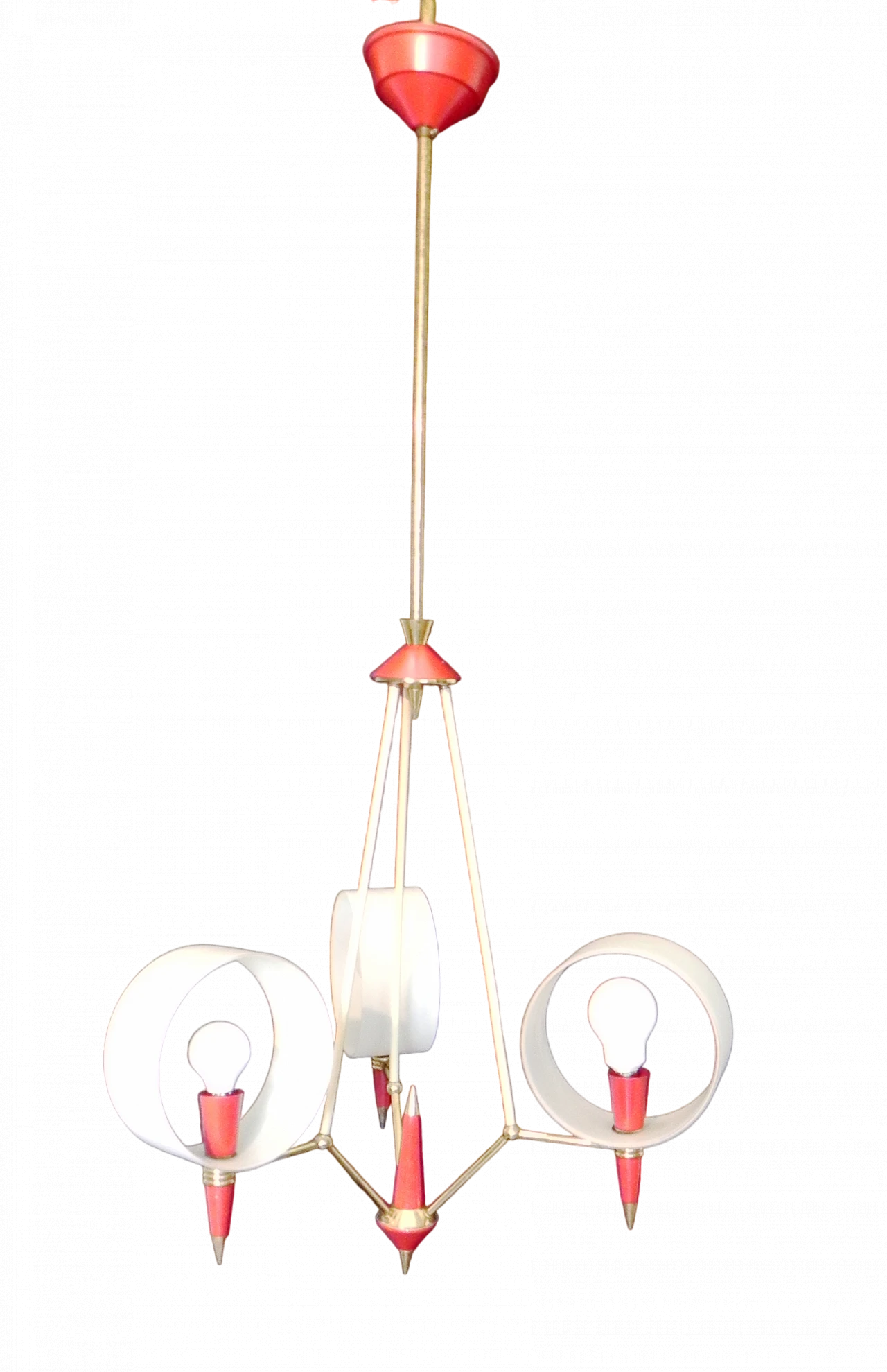 Space Age brass, red plastic and glass chandelier, 1970s 19