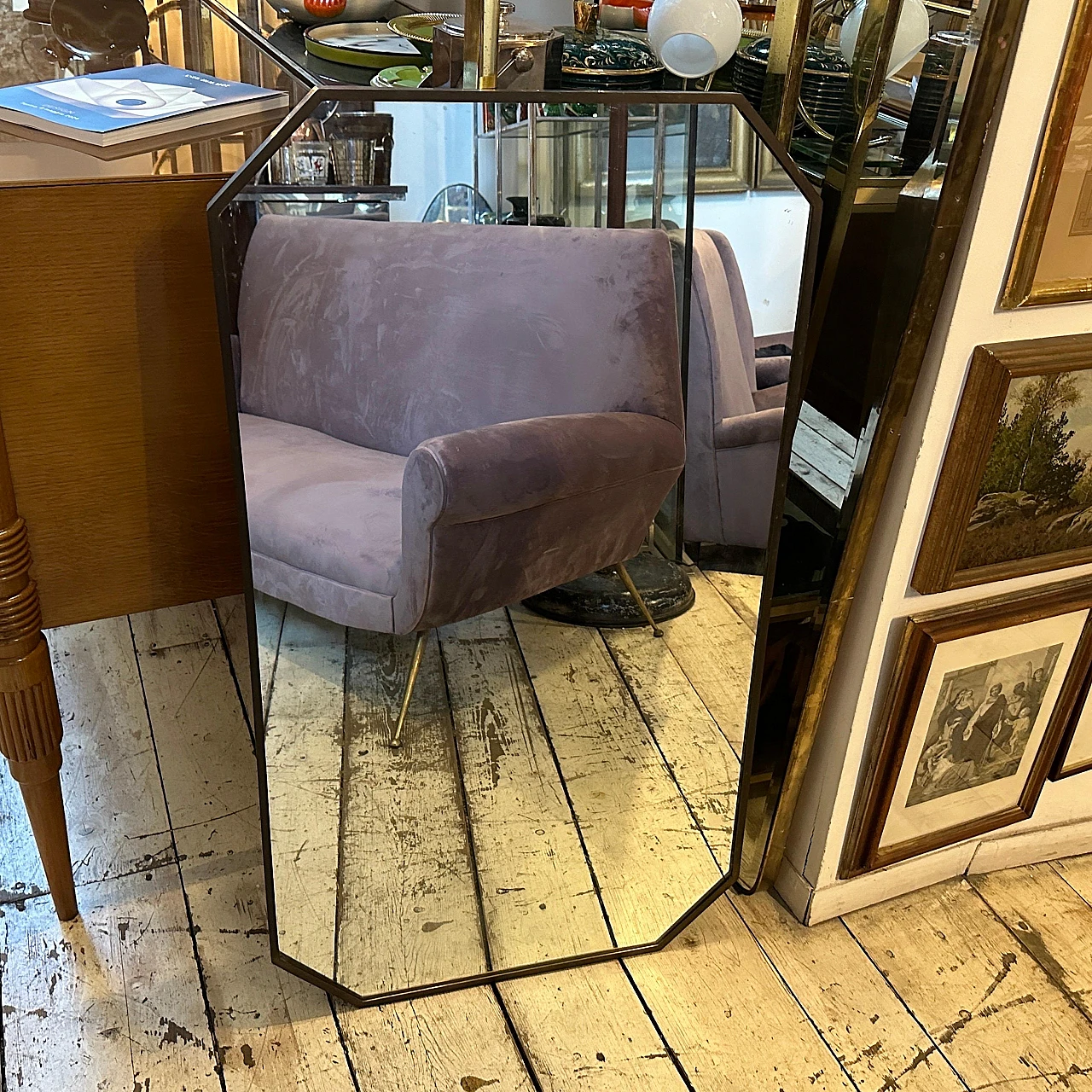 Specchio da parete ottagonale in ottone in stile Gio Ponti, anni '50 13