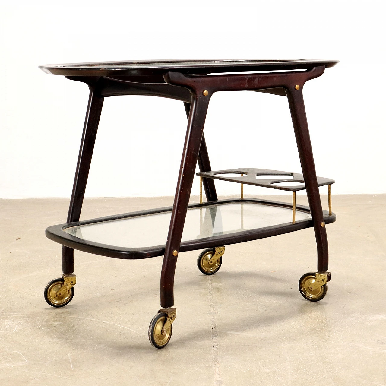 Carrello in faggio tinto e vetro, anni '50 7