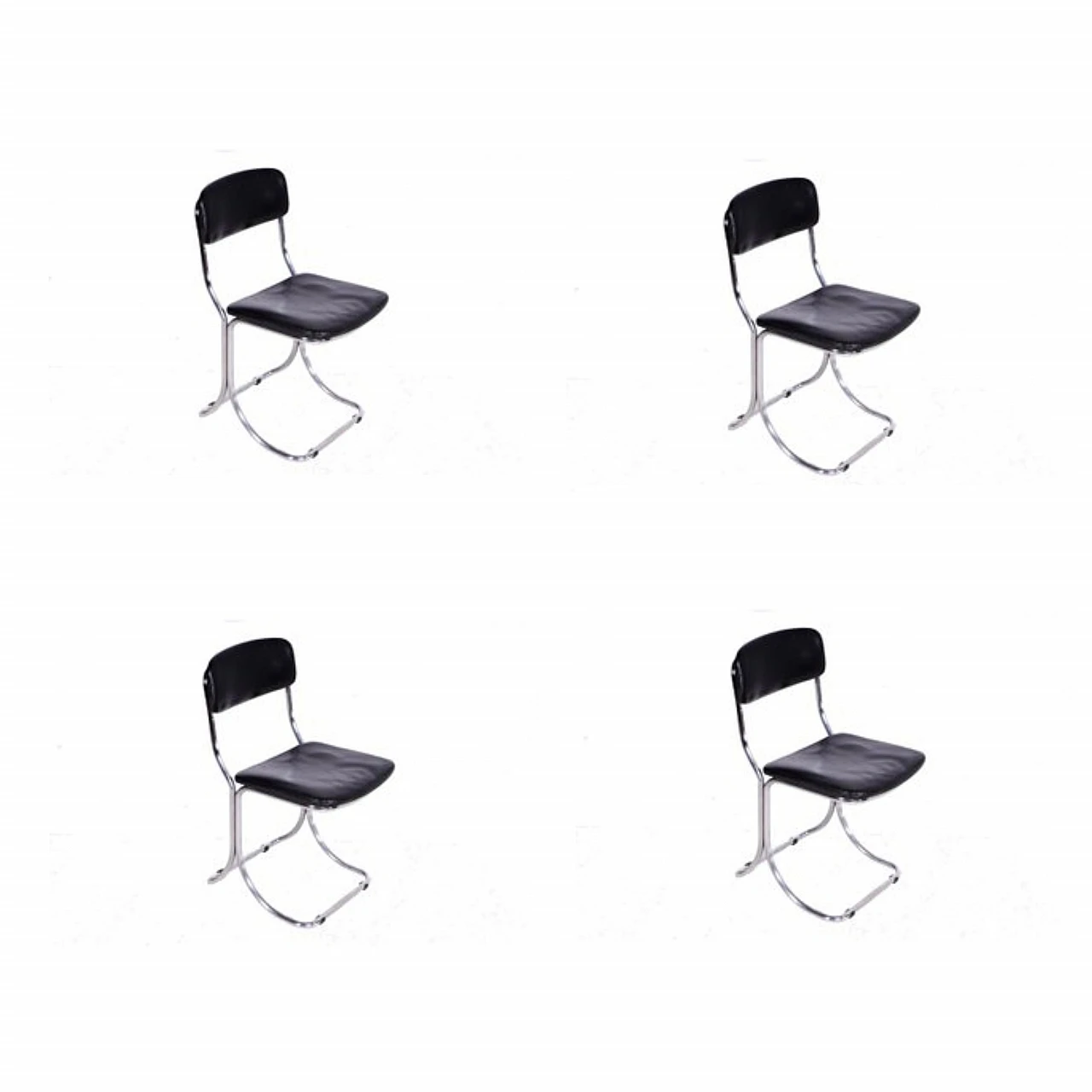 4 Tubular steel and black leather chairs, 1970s 6