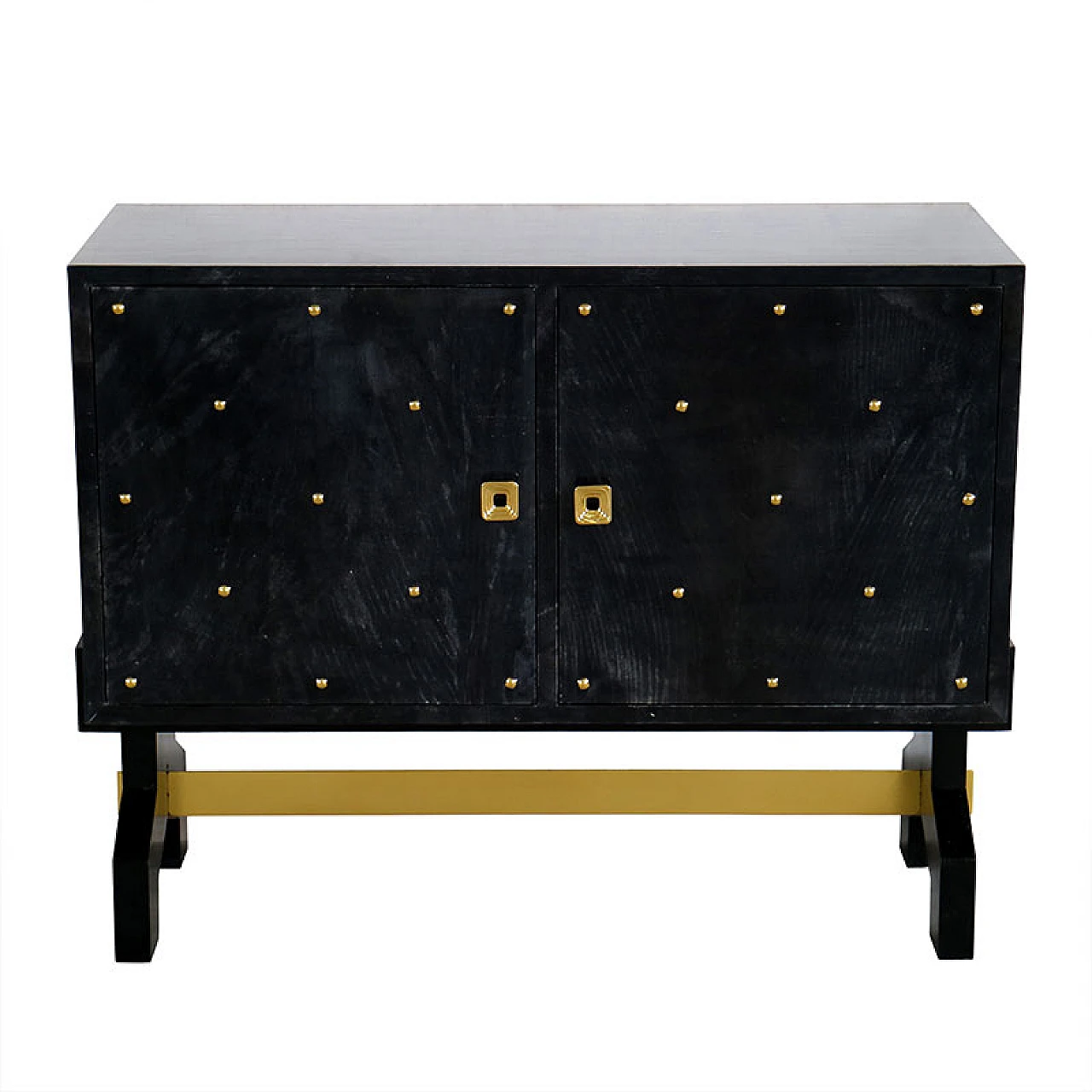 Credenza nera in legno e pergamena con dettagli dorati, anni '80 1