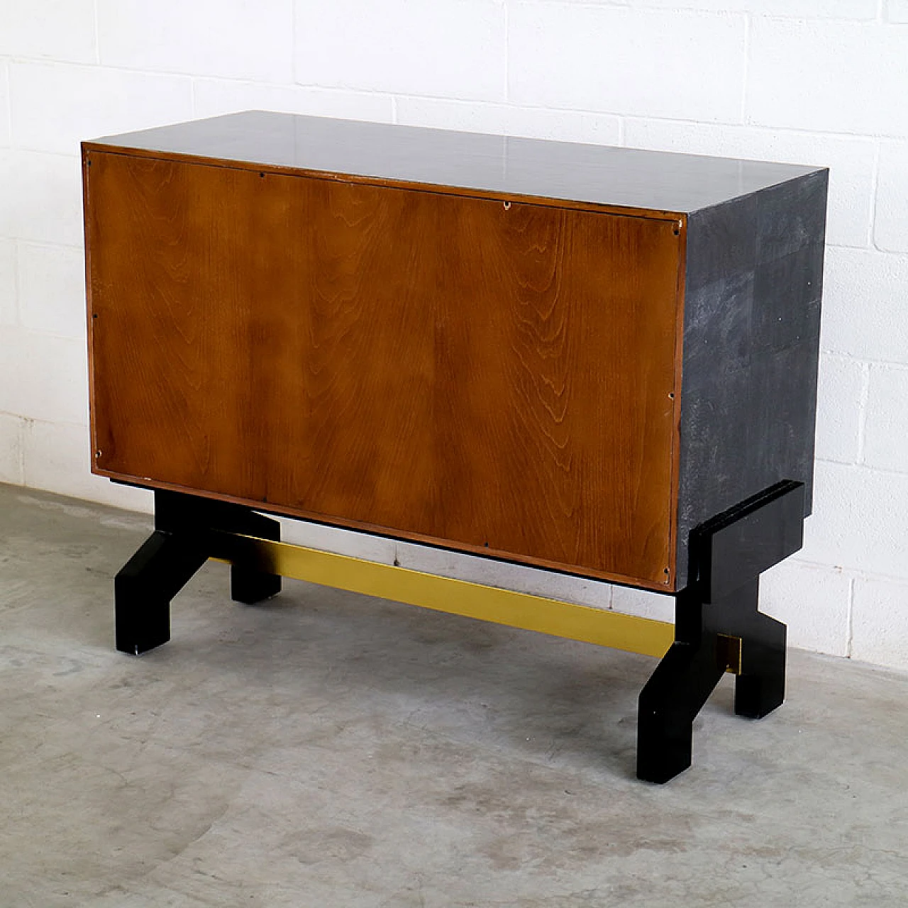 Credenza nera in legno e pergamena con dettagli dorati, anni '80 9
