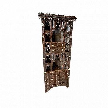 Syrian corner piece in carved walnut with shell inlays, 19th century