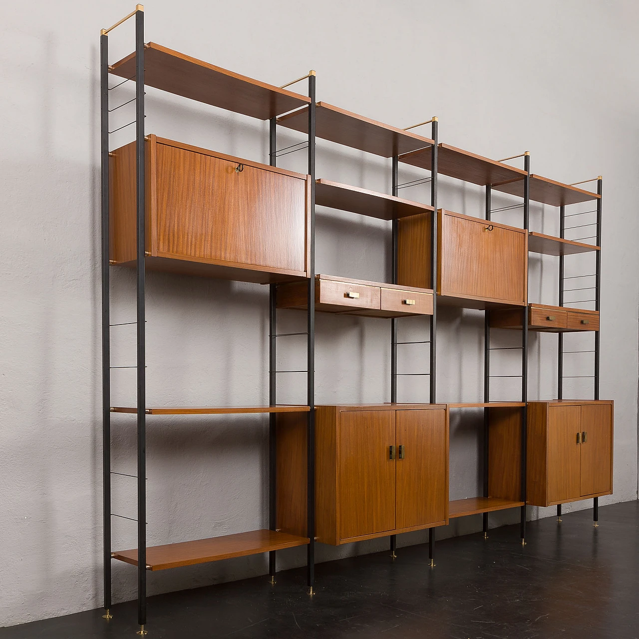 Modular wall unit in teak & brass in Selex for IMB style, 1970s