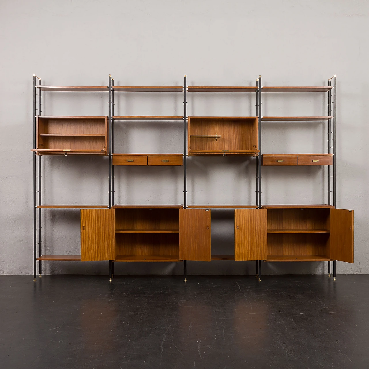 Modular wall unit in teak & brass in Selex for IMB style, 1970s