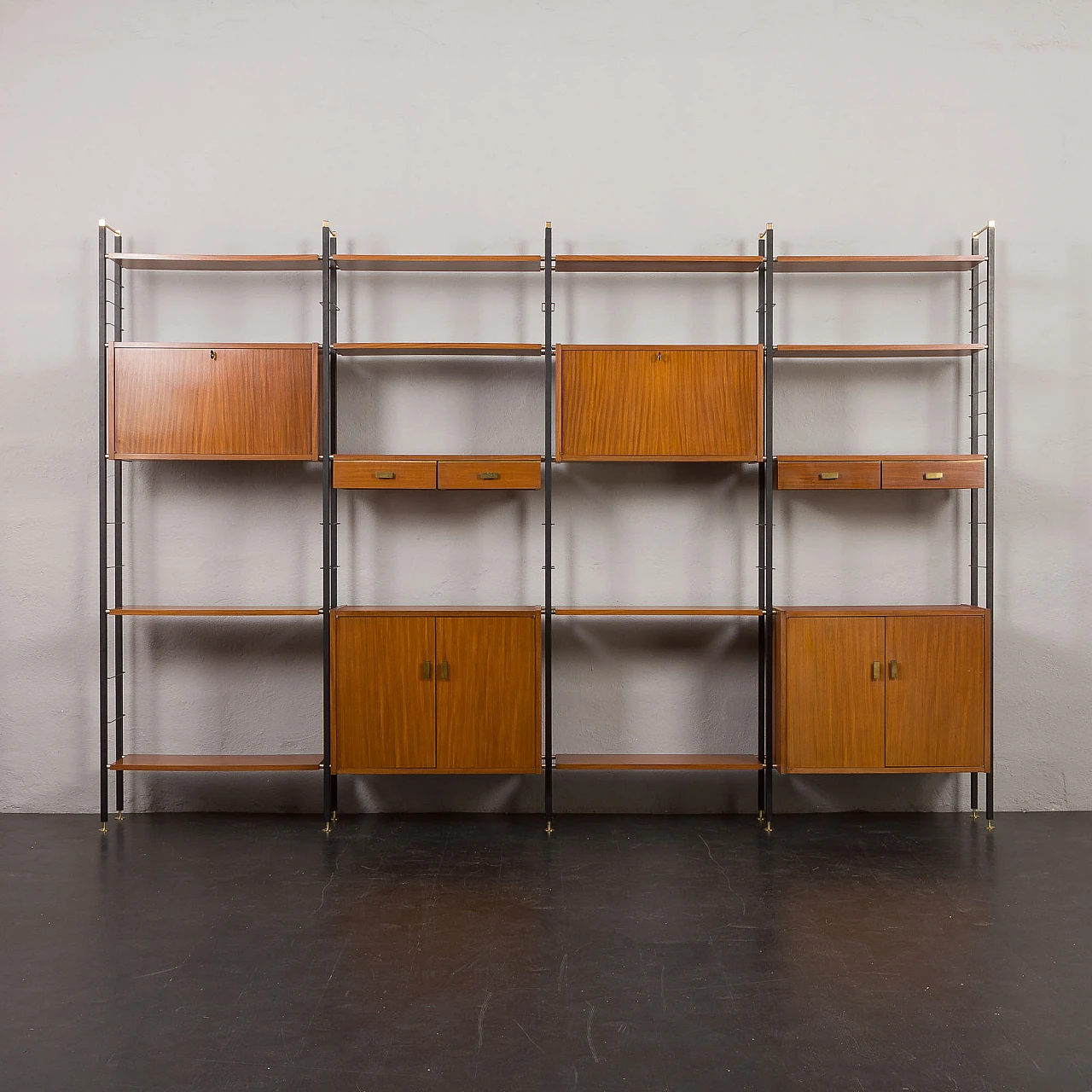Modular wall unit in teak & brass in Selex for IMB style, 1970s