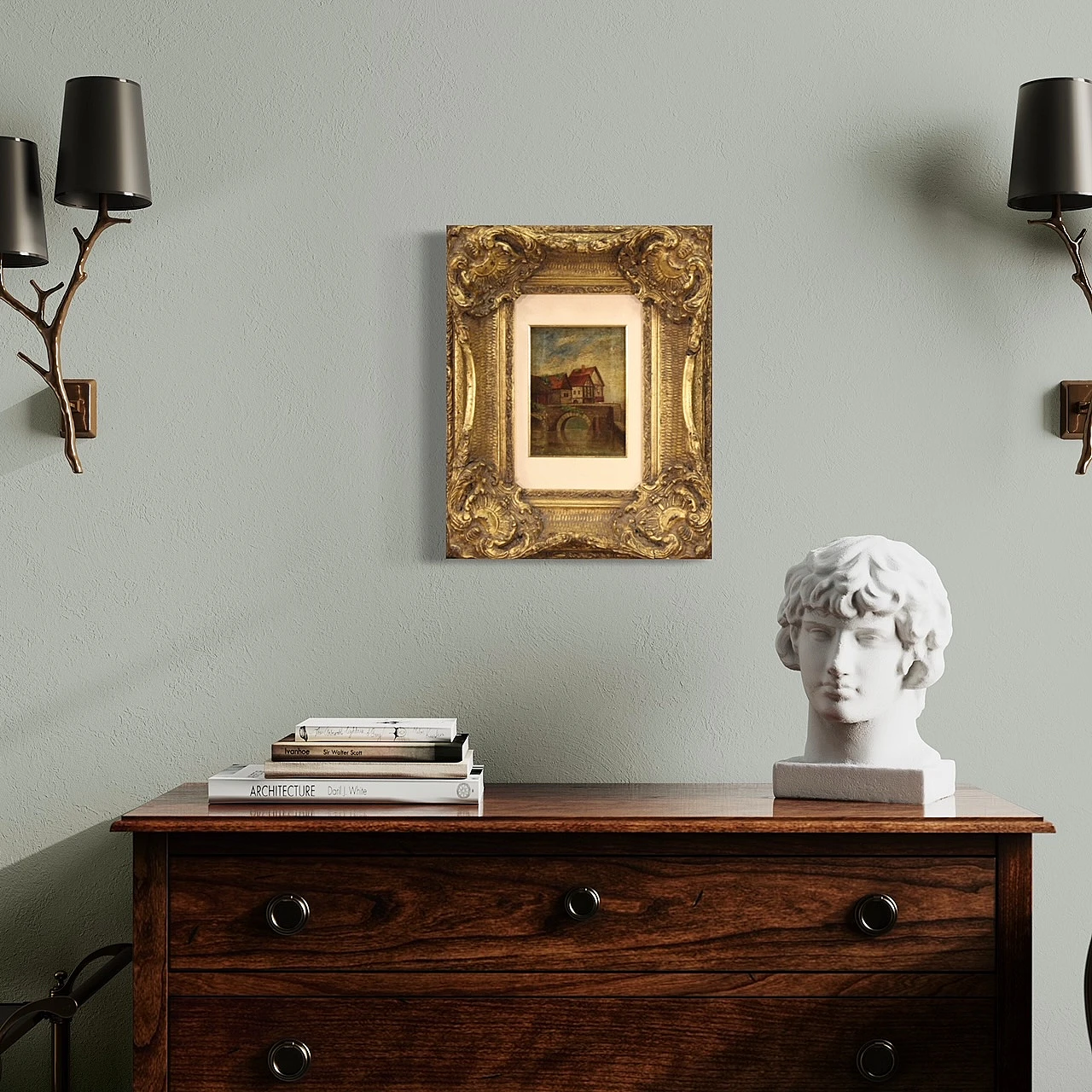 Paesaggio sul fiume, dipinto inglese olio su tela 1412462