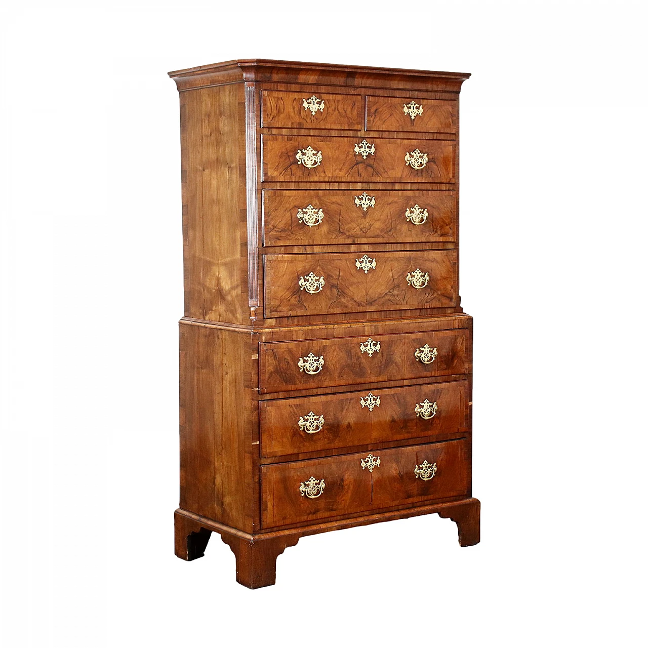 Walnut & oak tallboy with shelf feet & brass handles, 18th century 1