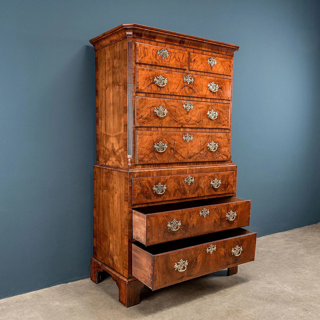 Walnut & oak tallboy with shelf feet & brass handles, 18th century 2