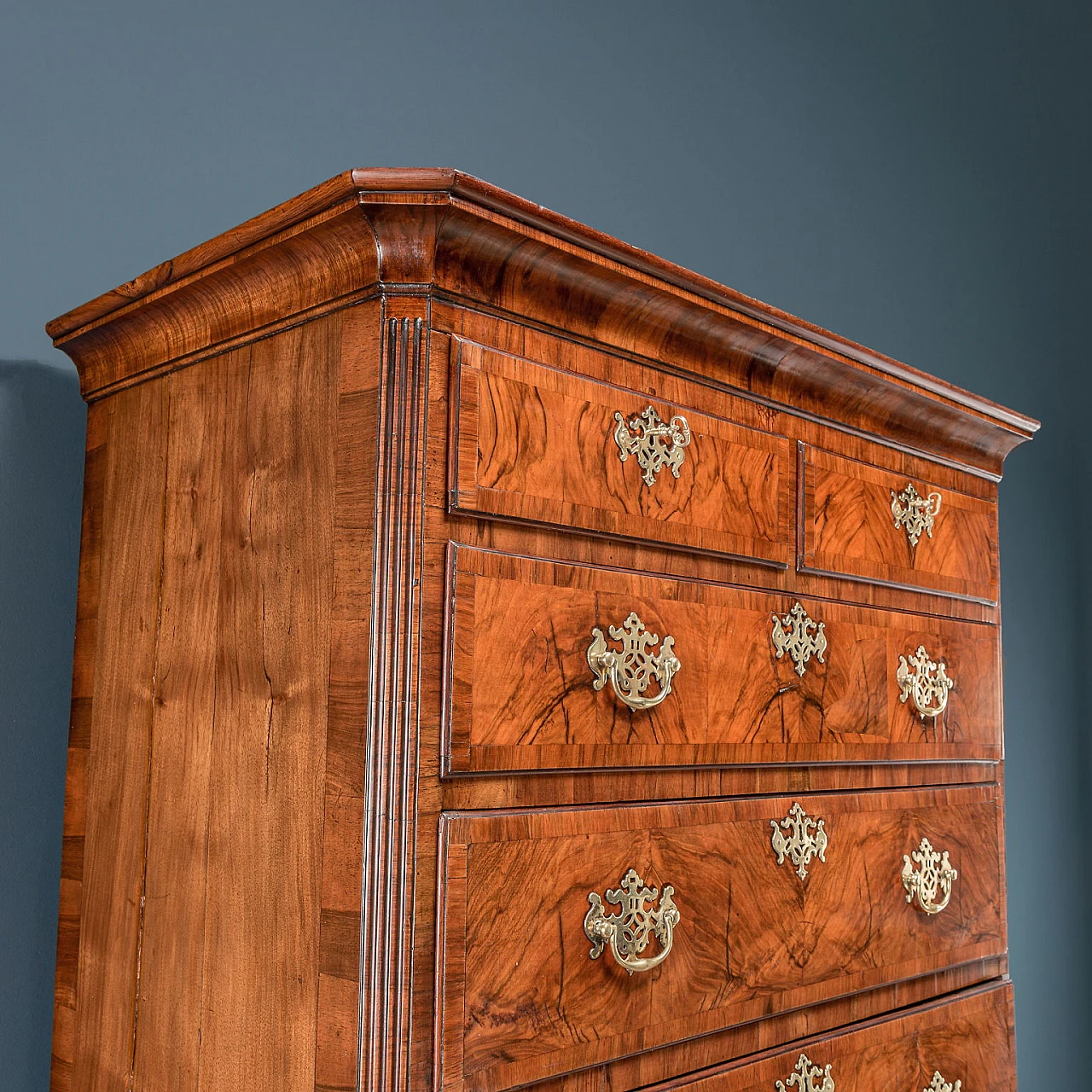 Walnut & oak tallboy with shelf feet & brass handles, 18th century 3