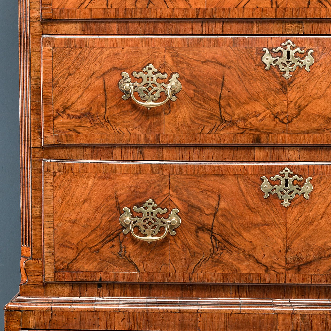 Walnut & oak tallboy with shelf feet & brass handles, 18th century 4