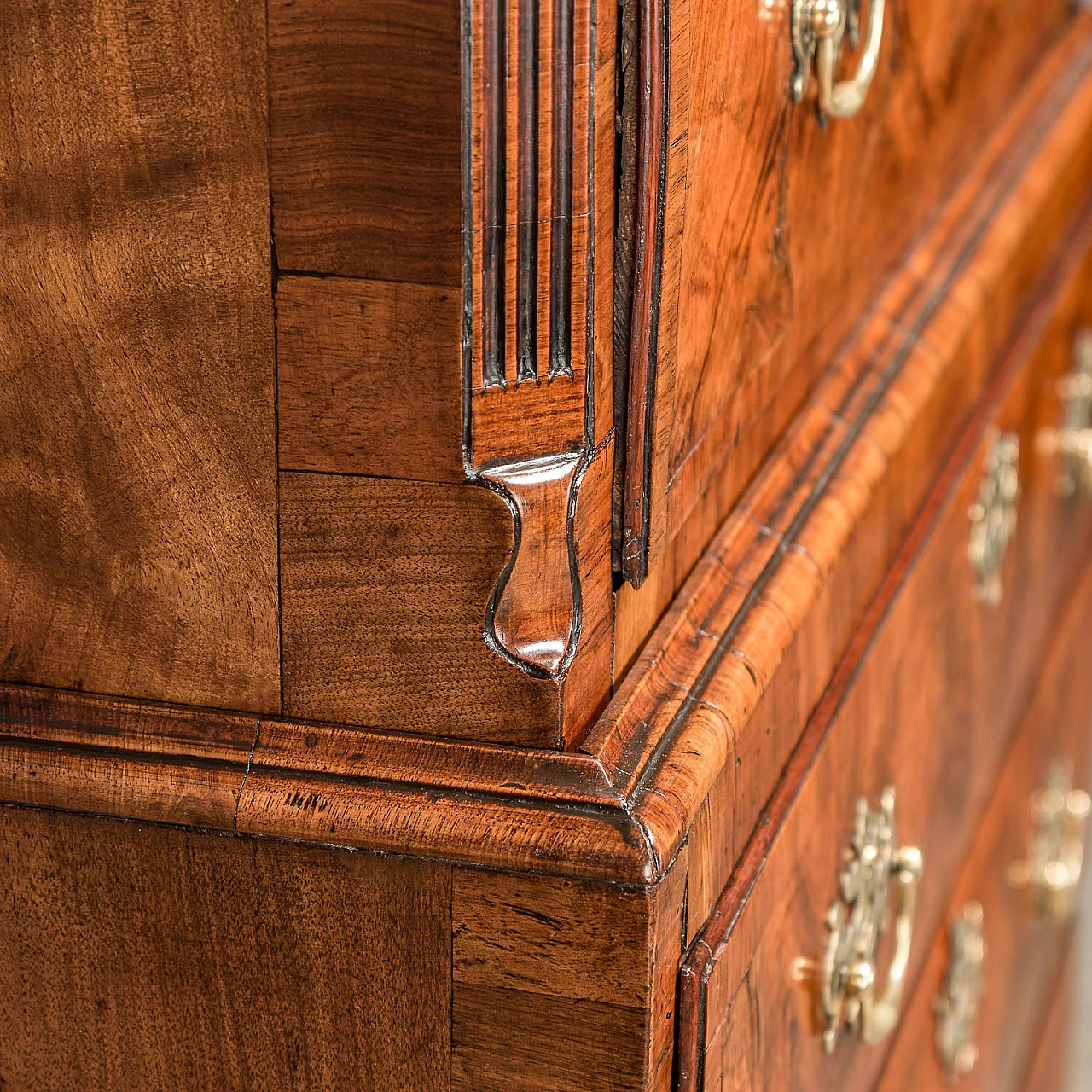 Walnut & oak tallboy with shelf feet & brass handles, 18th century 5