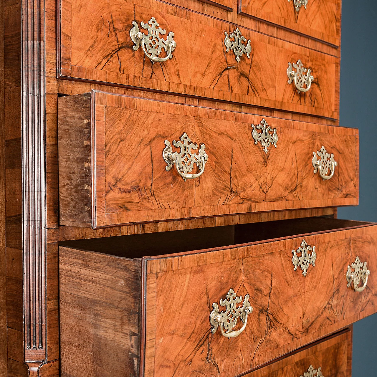 Walnut & oak tallboy with shelf feet & brass handles, 18th century 6