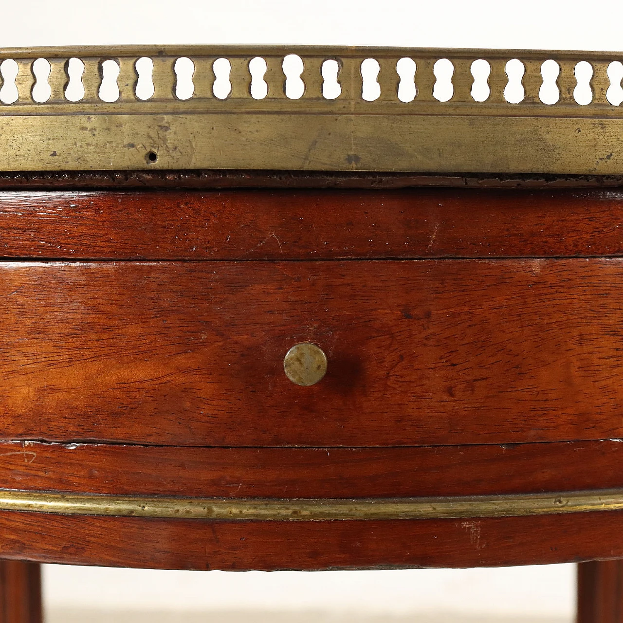 Tavolino in mogano e marmo bianco con cassetti e pianetti estraibili, fine '800 6