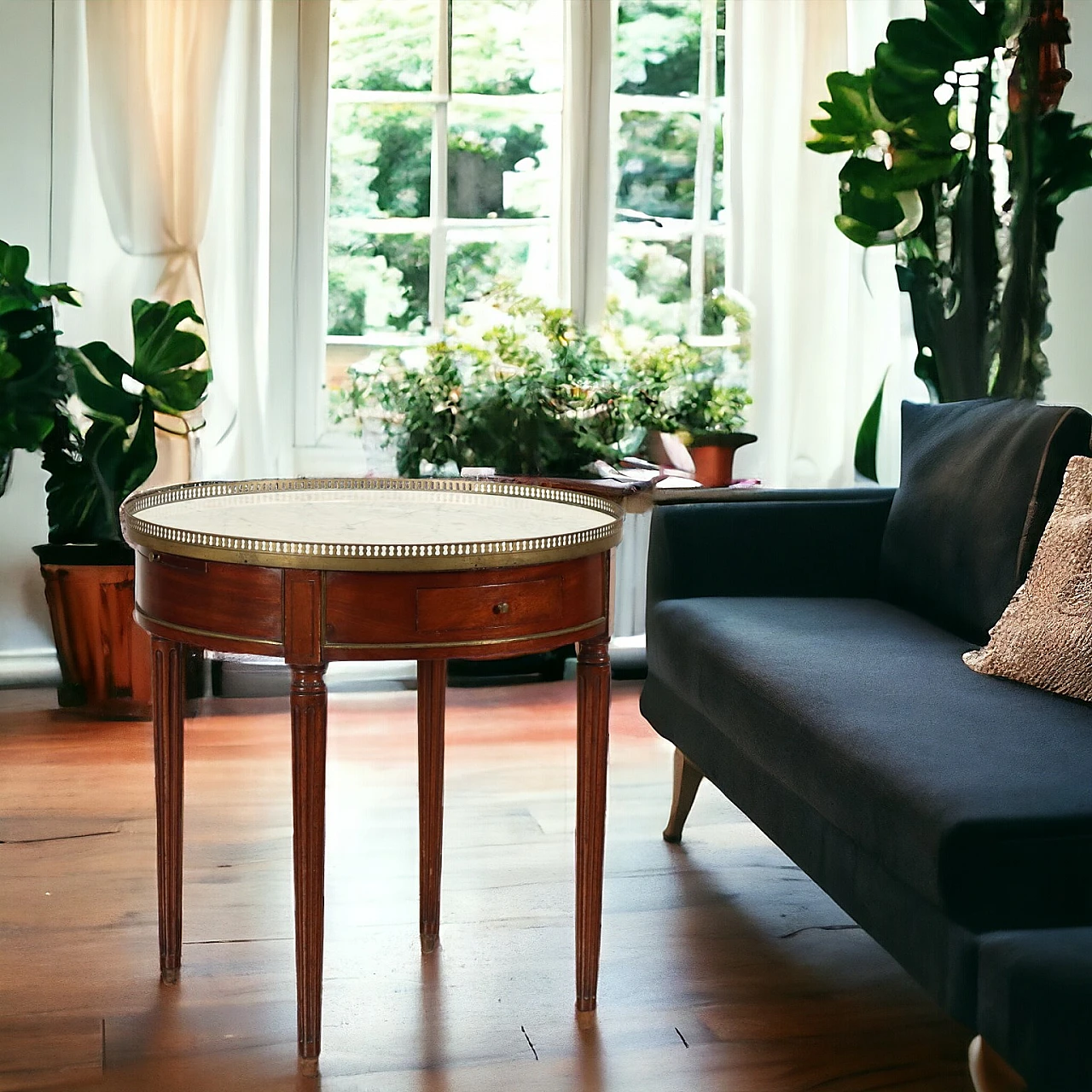 Tavolino in mogano e marmo bianco con cassetti e pianetti estraibili, fine '800 9