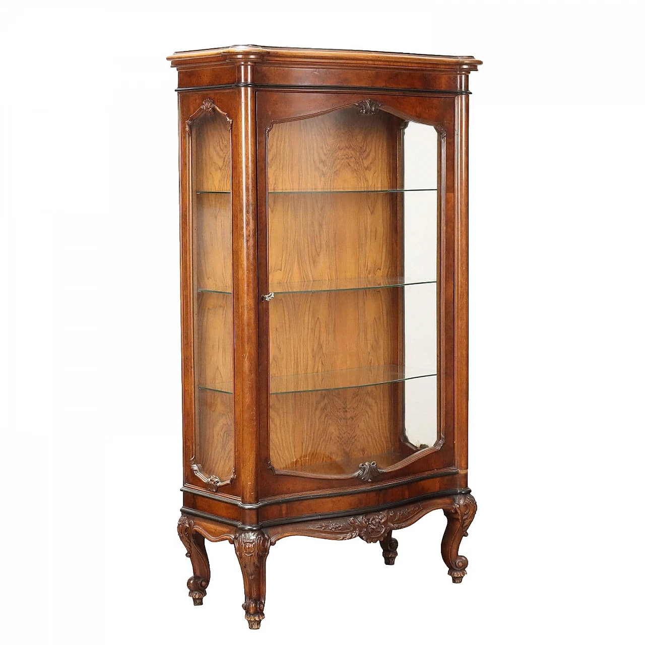 Mahogany and burl veneer showcase with rocaille motifs 1