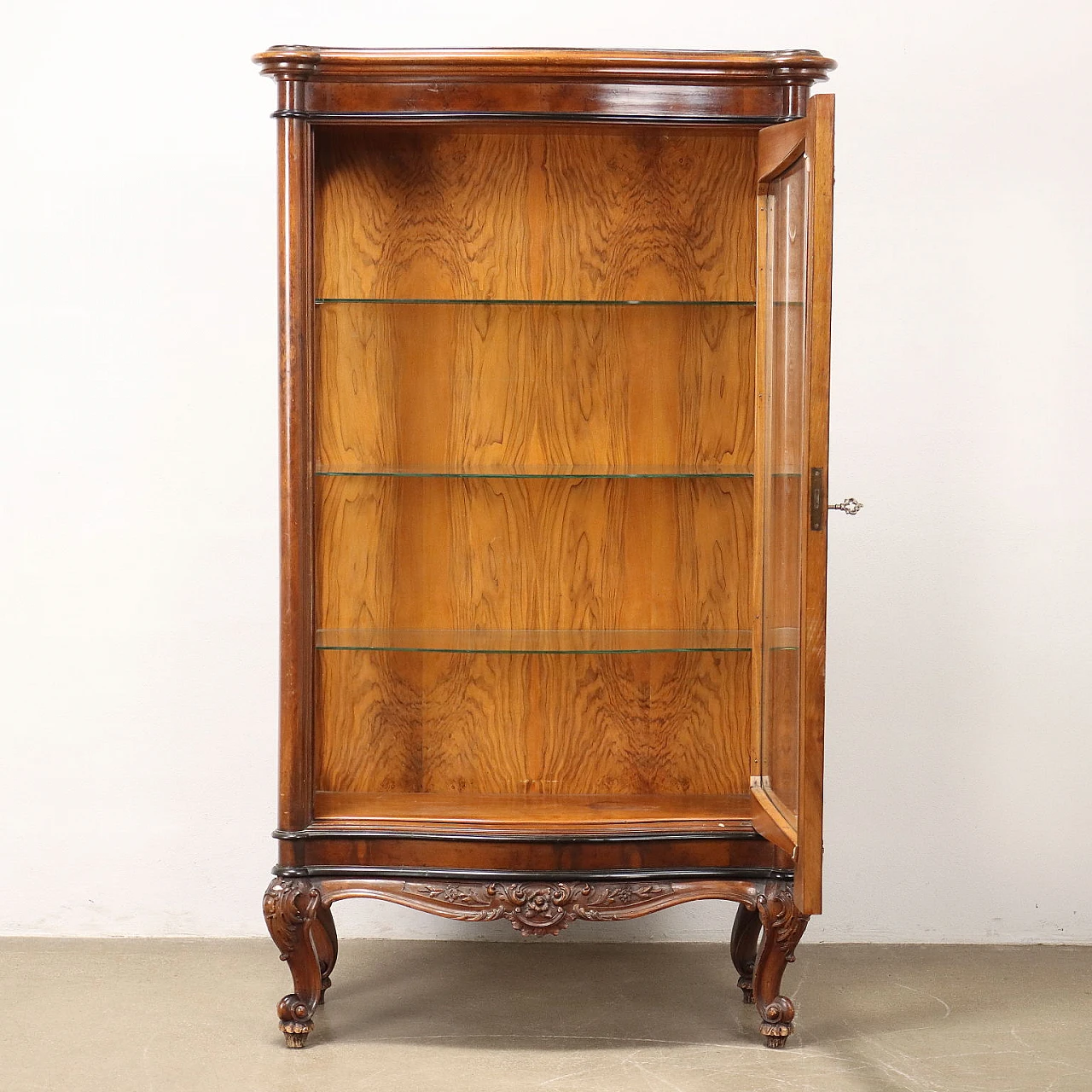 Mahogany and burl veneer showcase with rocaille motifs 3