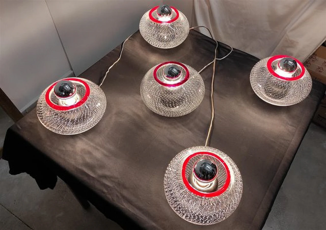 5 Appliques in vetro di Murano trasparente e rosso di Leucos, anni '70 5