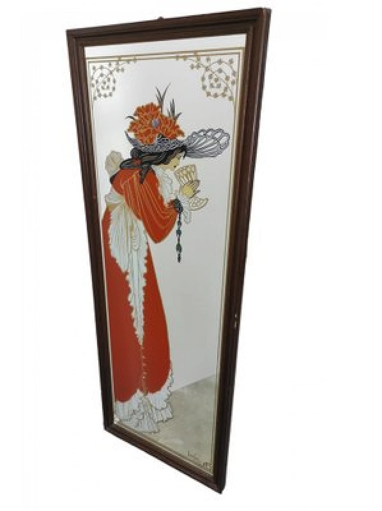 Specchio in stile Liberty con Dama e cornice in legno, anni '50 1