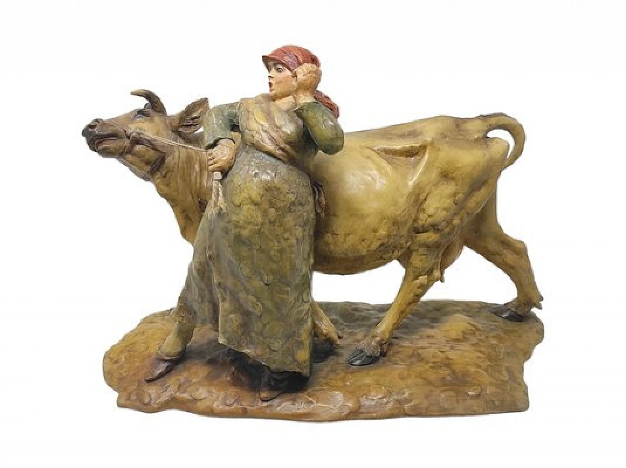 Guido Cacciapuoti, Contadina con vacca, statuetta in ceramica 1