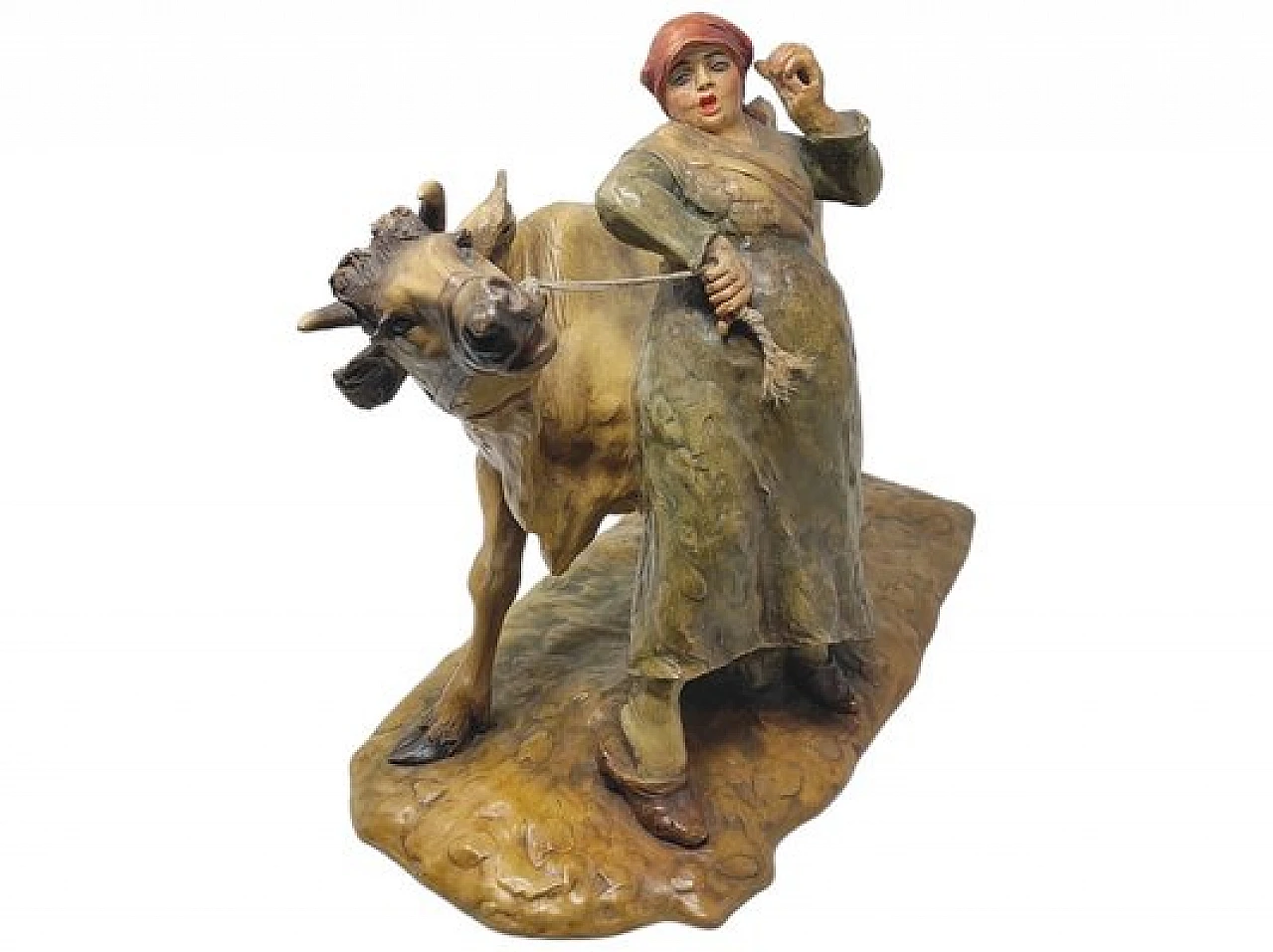 Guido Cacciapuoti, Contadina con vacca, statuetta in ceramica 2