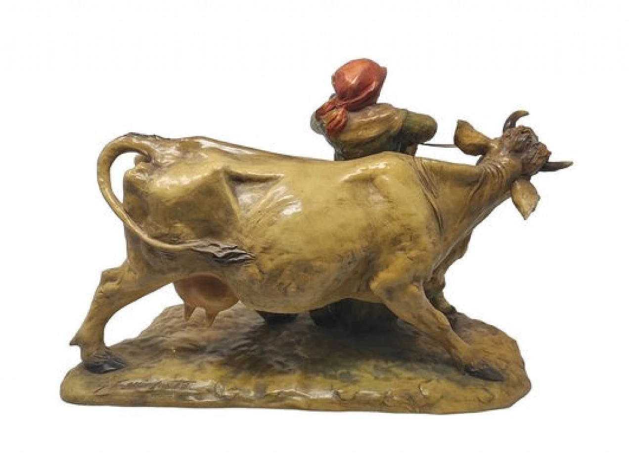 Guido Cacciapuoti, Contadina con vacca, statuetta in ceramica 3