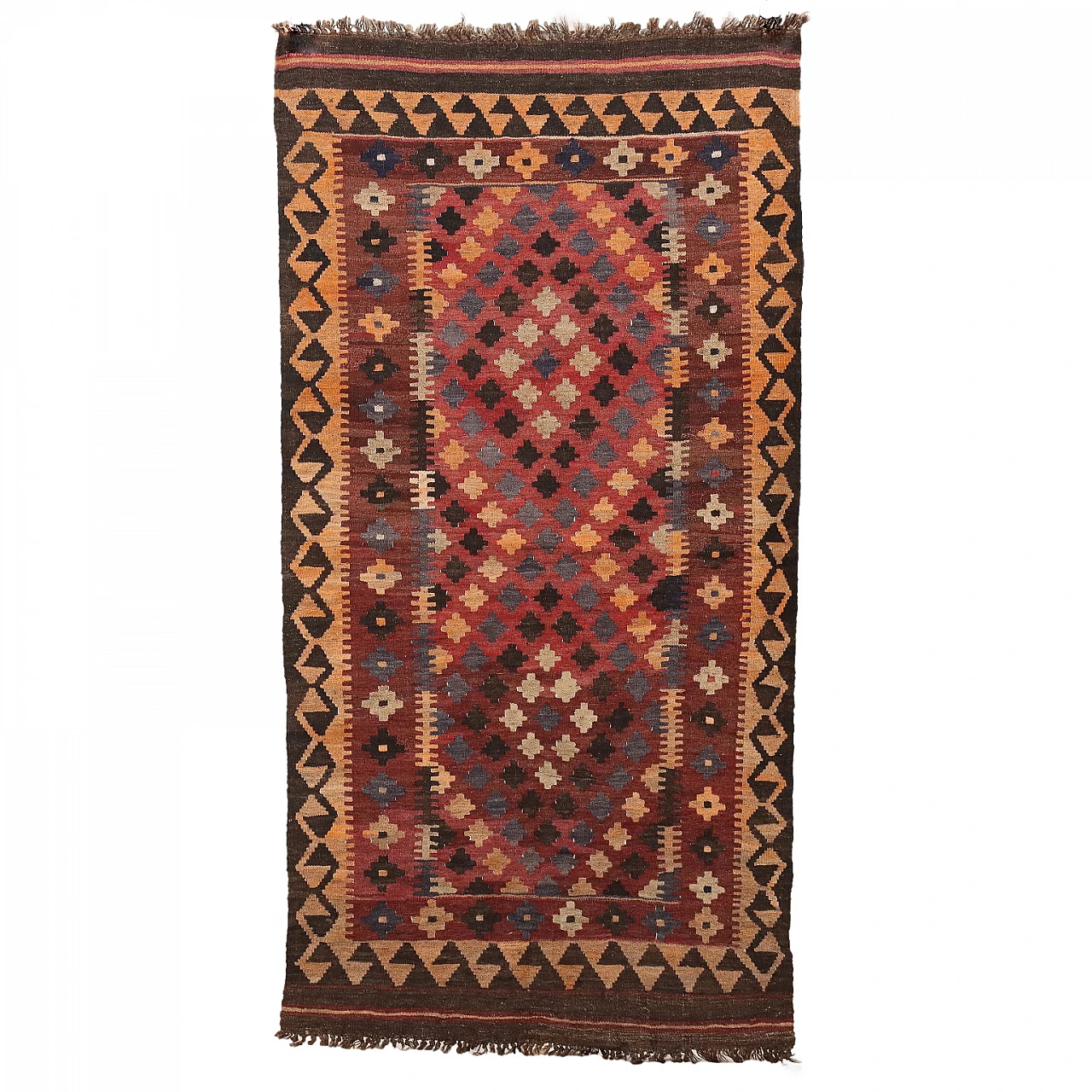 Red & brown thin knot Kilim rug in cotton and wool 1