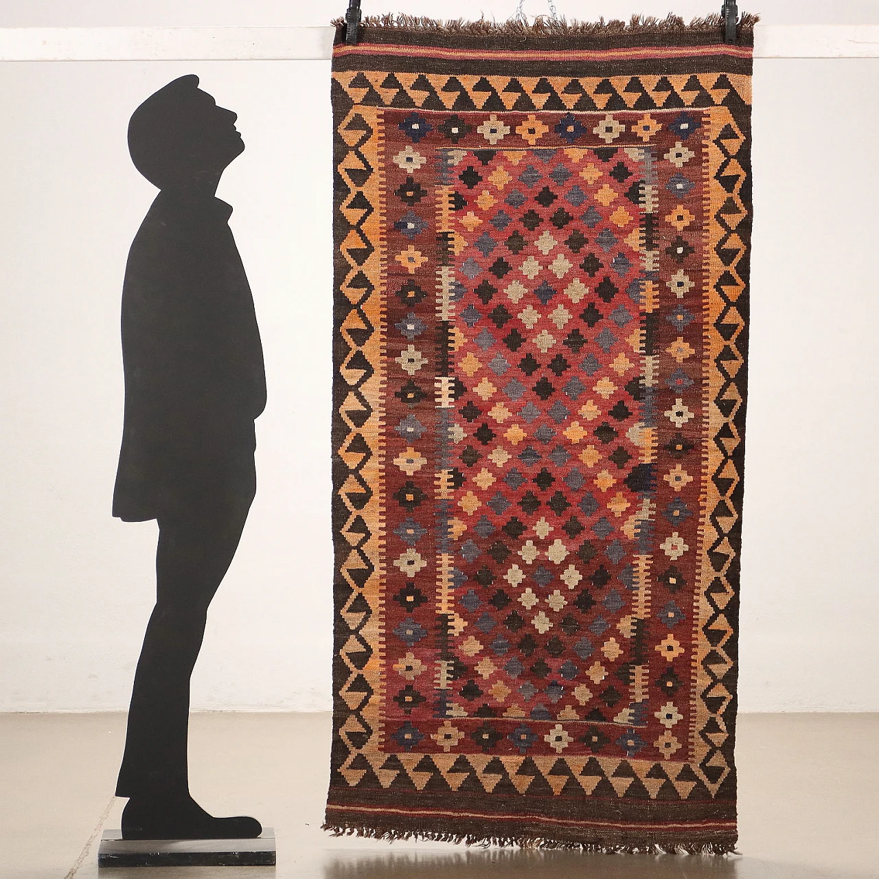 Red & brown thin knot Kilim rug in cotton and wool 2